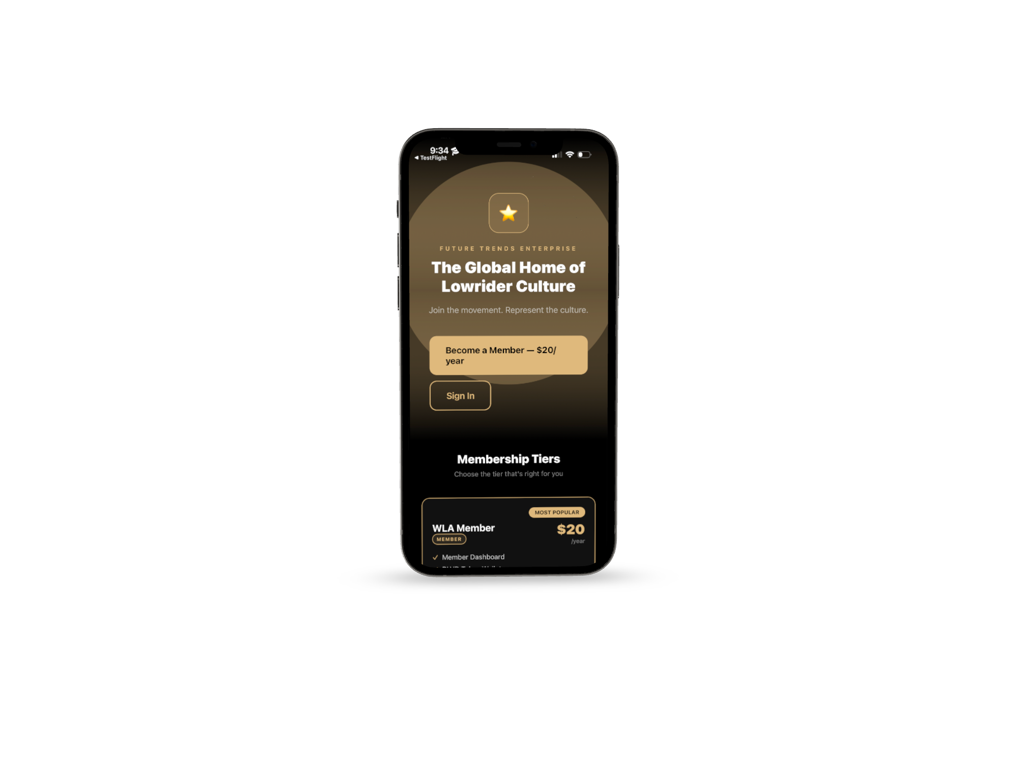 WLA lowrider community app mockup – available on iOS and Android